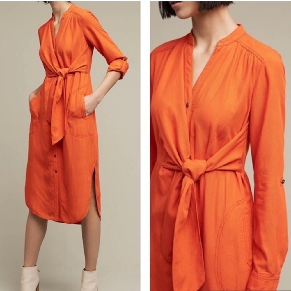 Anthropologie Maeve Oversized Orange Araceli Front Tie Button Down Shirt Dress